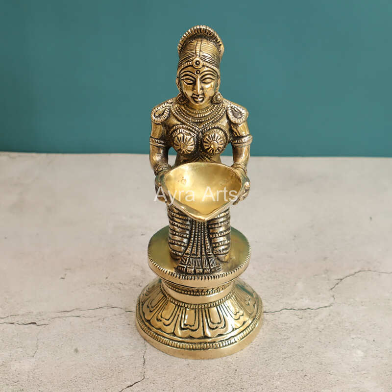Hand Carved Brass Deep Lakshmi Paavai Vilakku Statue Holding in Deep - 9.5 Inch Height
