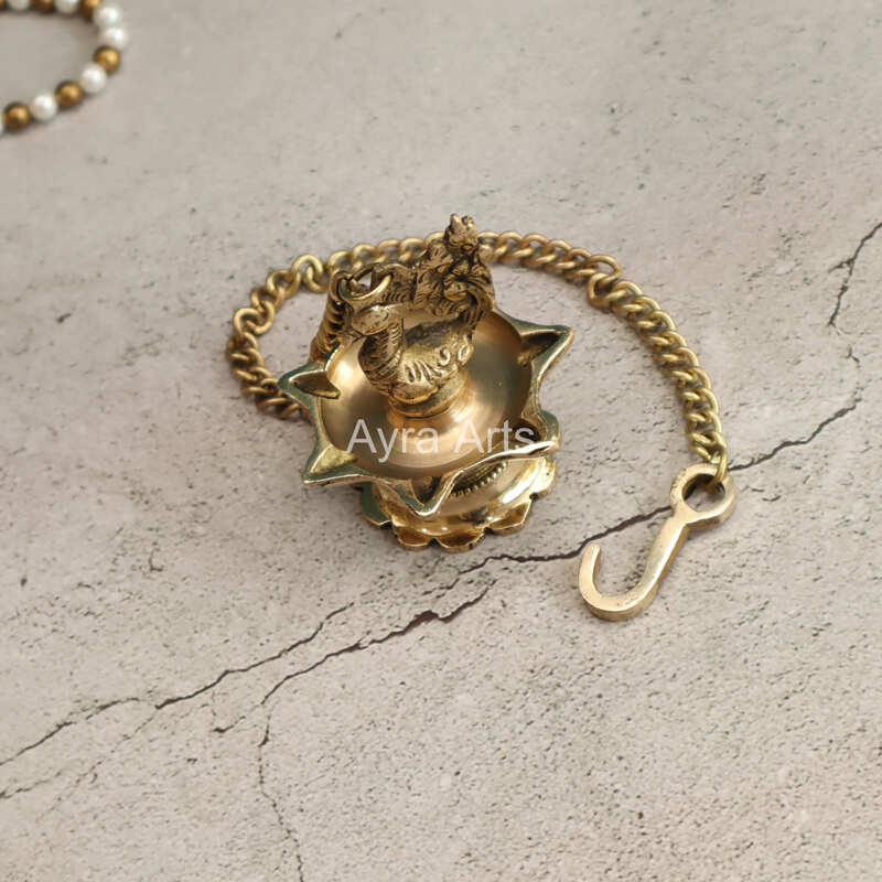 Brass Hanging Peacock Diya Lamp for Puja 7 Oil Wick with Chain for Home Decoration - 3 Inch Length