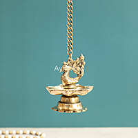 Brass Hanging Peacock Diya Lamp for Puja 7 Oil Wick with Chain for Home Decoration - 3 Inch Length