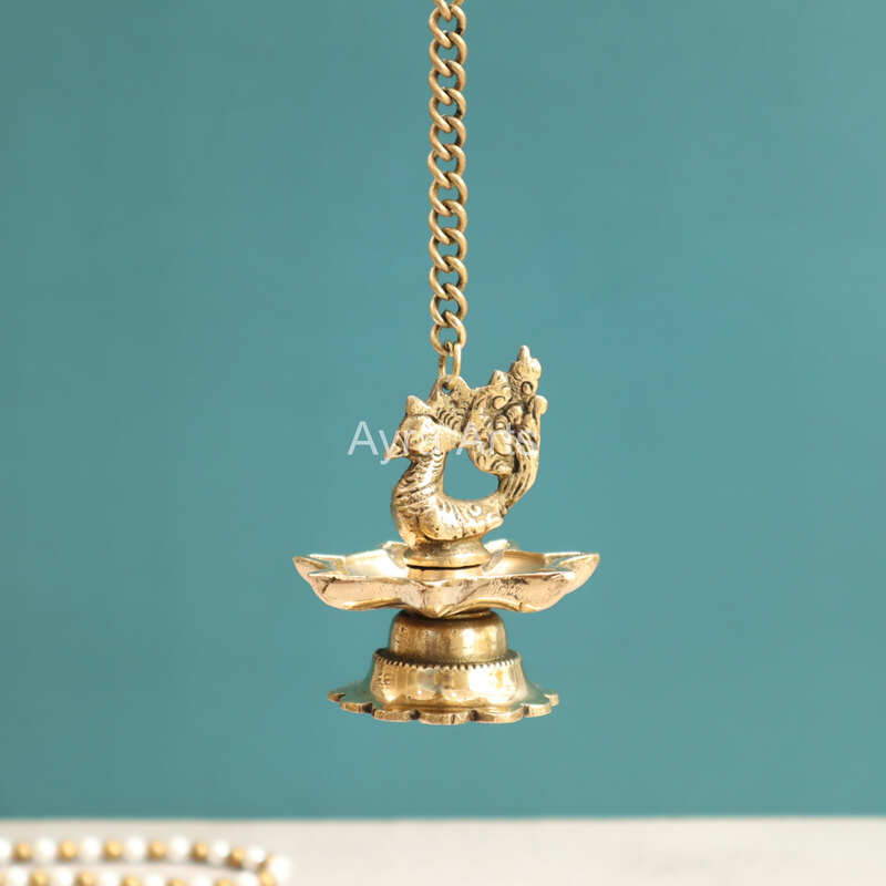 Brass Hanging Peacock Diya Lamp for Puja 7 Oil Wick with Chain for Home Decoration - 3 Inch Length
