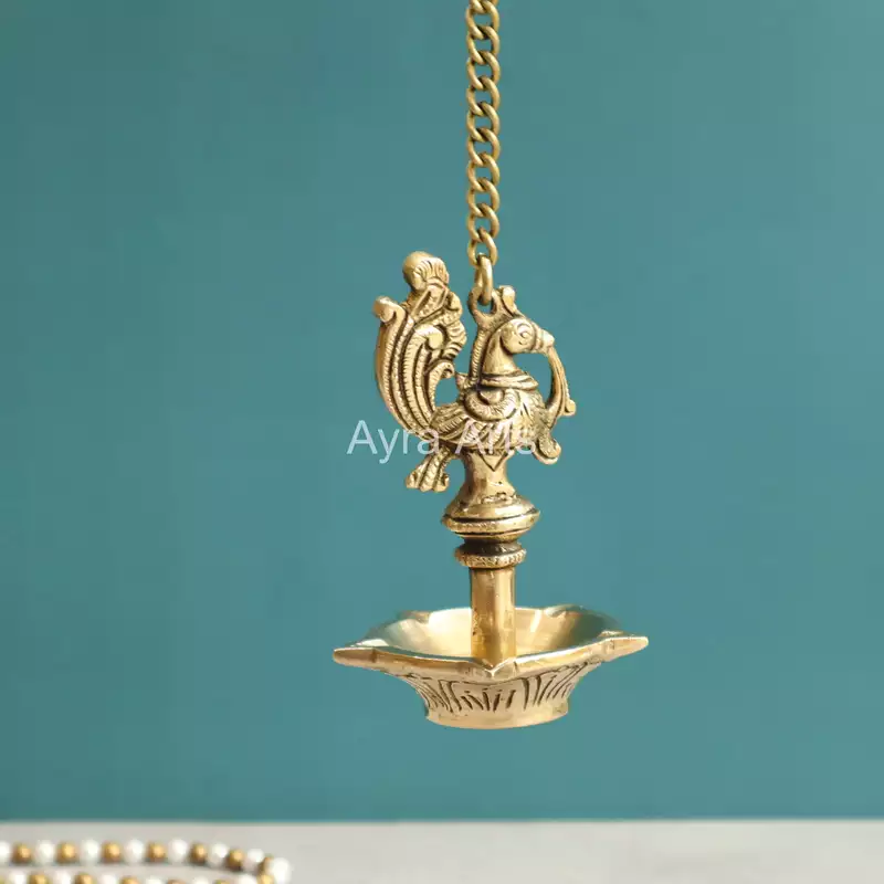 Brass Peacock Five Wick Petal Hanging Diya for Home Temple - 3 Inch Length