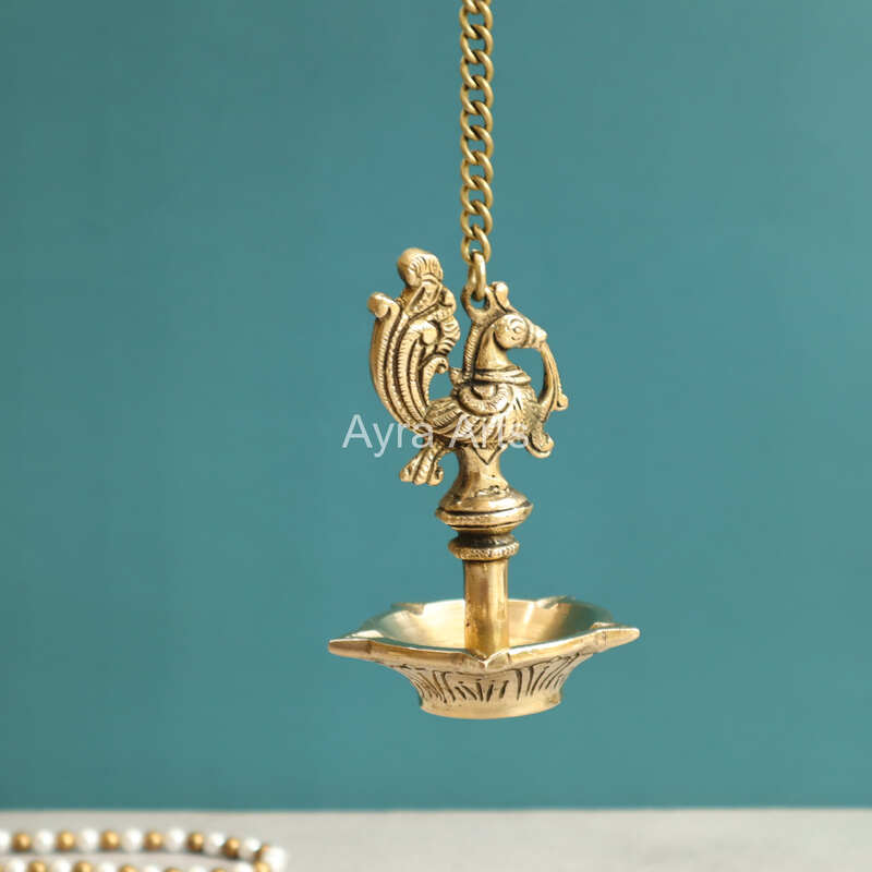 Brass Peacock Five Wick Petal Hanging Diya for Home Temple - 3 Inch Length