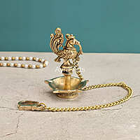 Brass Peacock Five Wick Petal Hanging Diya for Home Temple - 3 Inch Length
