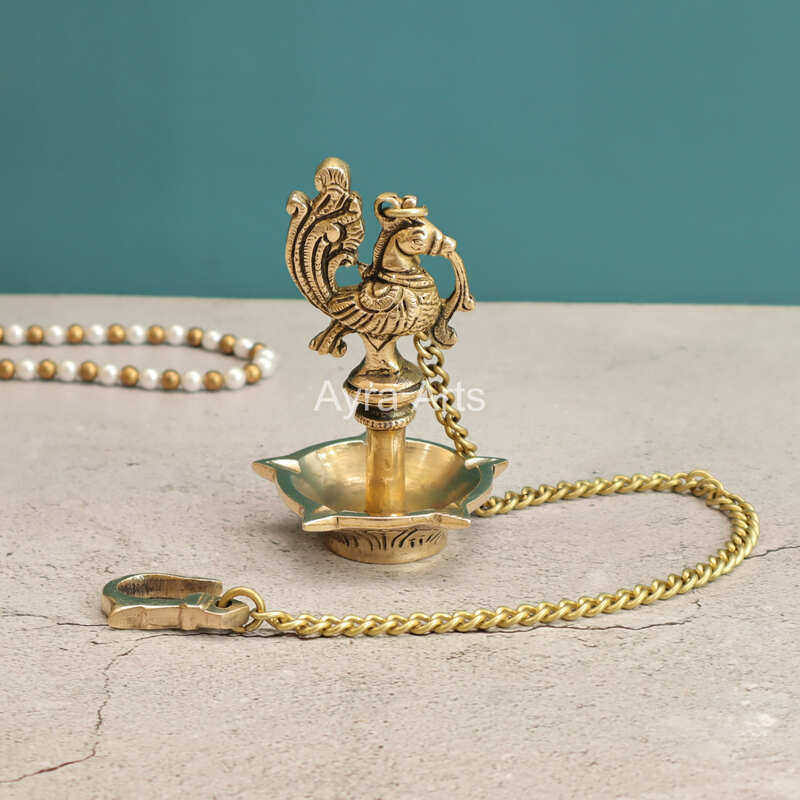 Brass Peacock Five Wick Petal Hanging Diya for Home Temple - 3 Inch Length
