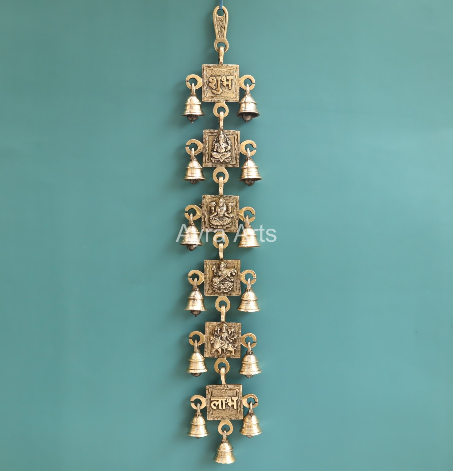Brass Ganesha Lakshmi Saraswati Durga Shubh And Labh Hanging Bell - 21 Inch Height