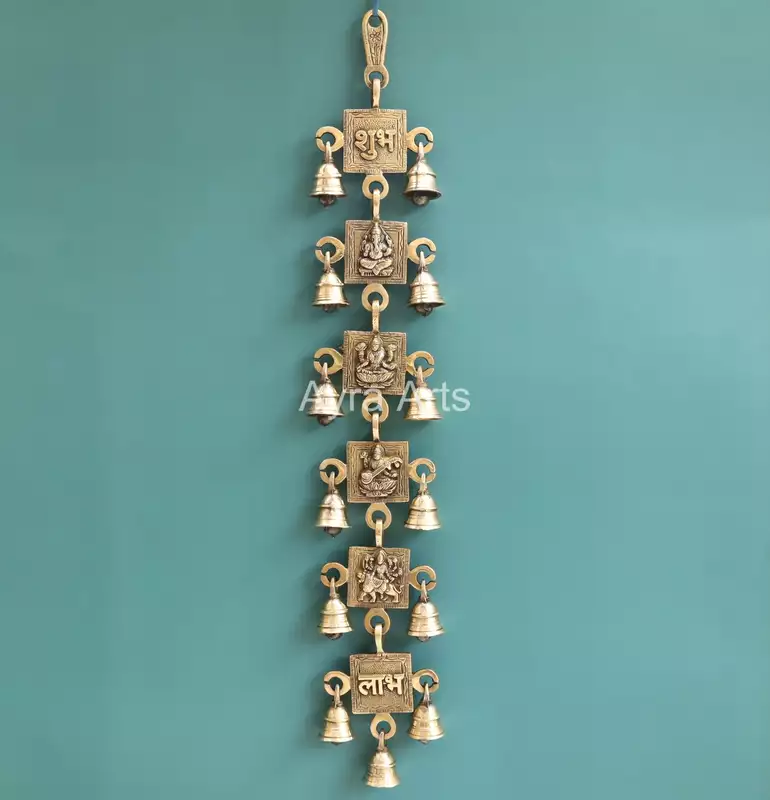 Brass Ganesha Lakshmi Saraswati Durga Shubh And Labh Hanging Bell - 21 Inch Height