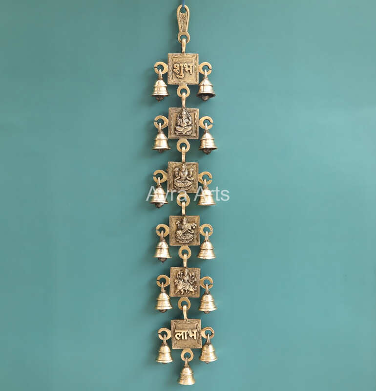 Brass Ganesha Lakshmi Saraswati Durga Shubh And Labh Hanging Bell - 21 Inch Height