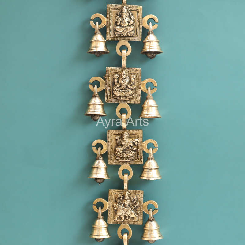 Brass Ganesha Lakshmi Saraswati Durga Shubh And Labh Hanging Bell - 21 Inch Height