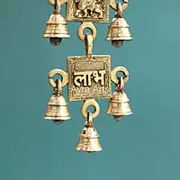 Brass Ganesha Lakshmi Saraswati Durga Shubh And Labh Hanging Bell - 21 Inch Height
