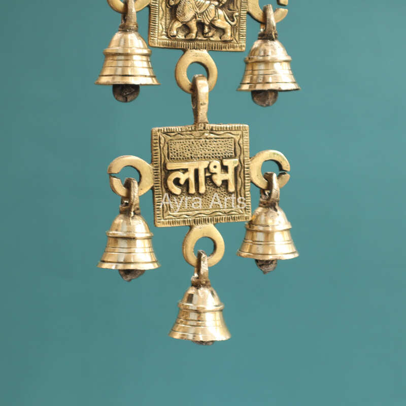 Brass Ganesha Lakshmi Saraswati Durga Shubh And Labh Hanging Bell - 21 Inch Height