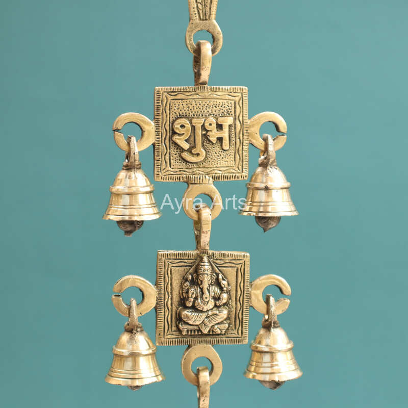 Brass Ganesha Lakshmi Saraswati Durga Shubh And Labh Hanging Bell - 21 Inch Height