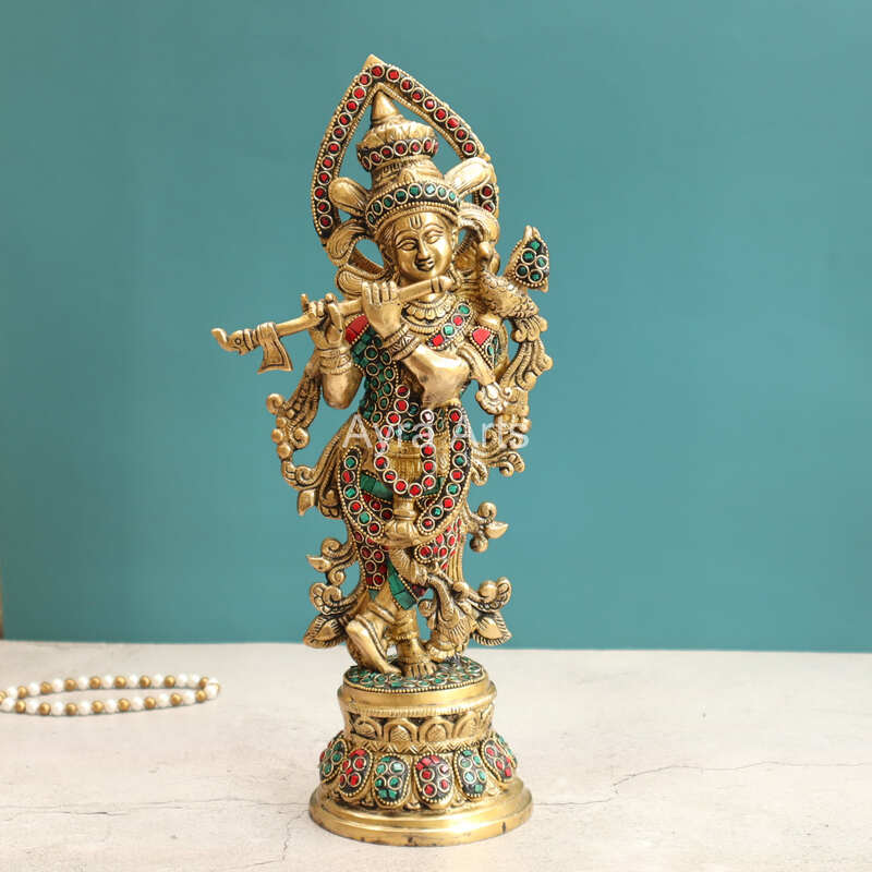 Brass Krishna Idol With Stonework Decorative Showpiece for Home Office - 14.5 Inch Height