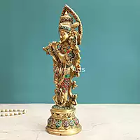 Brass Krishna Idol With Stonework Decorative Showpiece for Home Office - 14.5 Inch Height