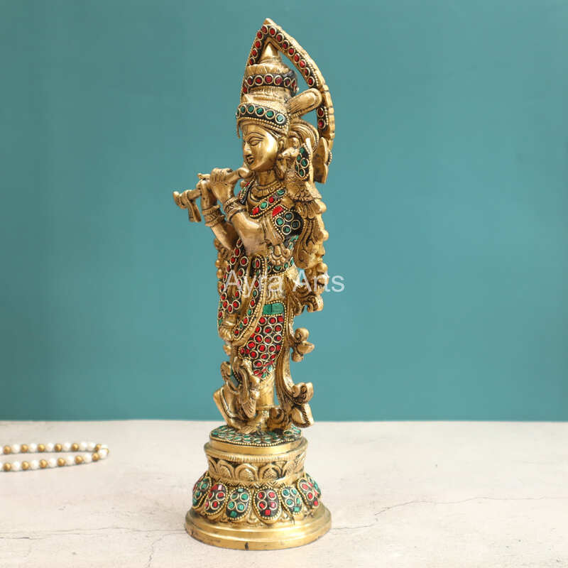Brass Krishna Idol With Stonework Decorative Showpiece for Home Office - 14.5 Inch Height