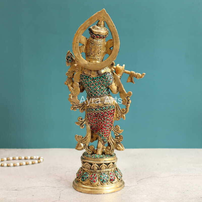 Brass Krishna Idol With Stonework Decorative Showpiece for Home Office - 14.5 Inch Height