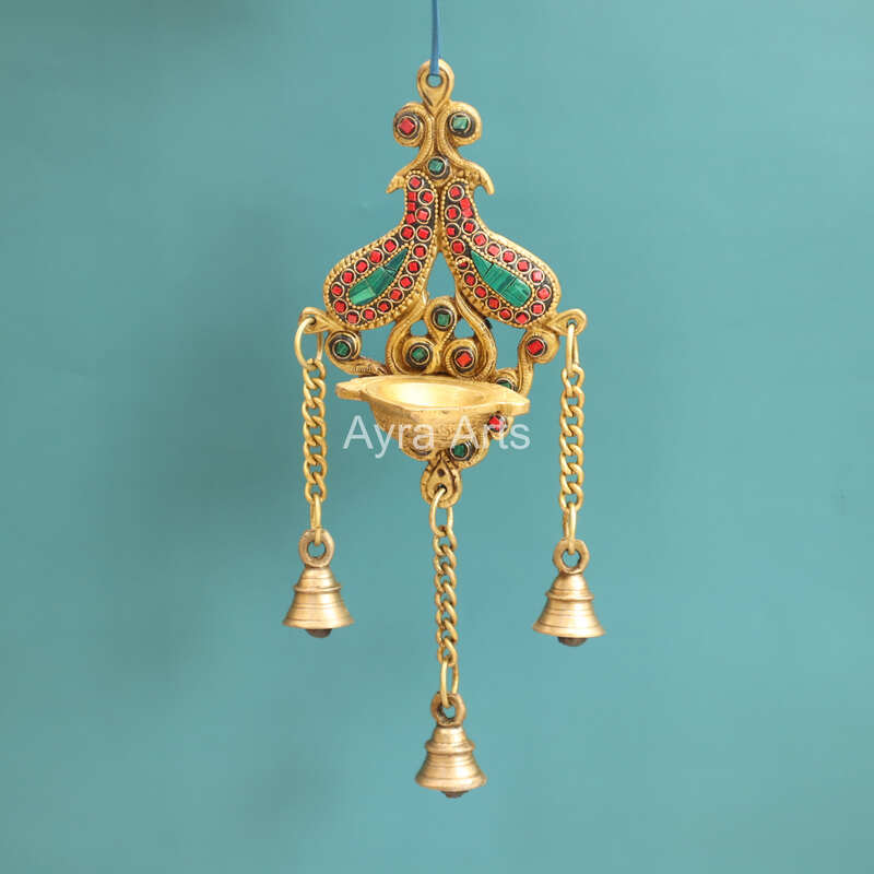 Ethnic Wall Hanging Decorative Diya With Bells  - 4.5 Inch Length