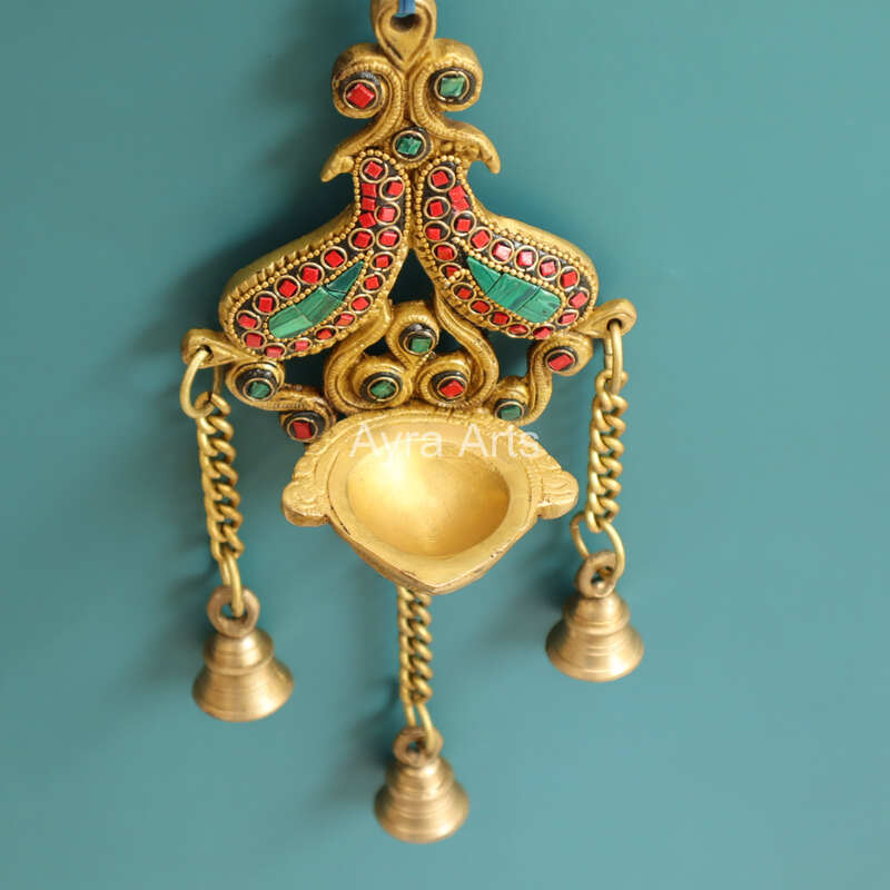 Ethnic Wall Hanging Decorative Diya With Bells  - 4.5 Inch Length
