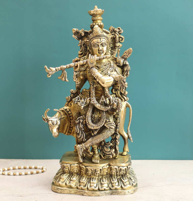 Handcrafted Lord Krishna With Cow Statue in Brass - 17 Inch Height