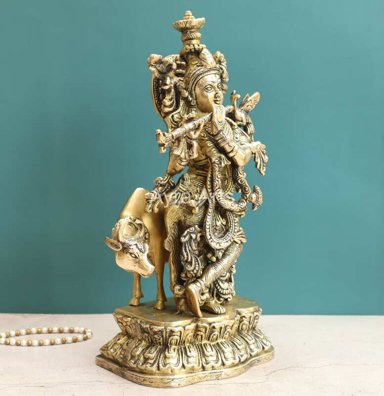 Handcrafted Lord Krishna With Cow Statue in Brass - 17 Inch Height