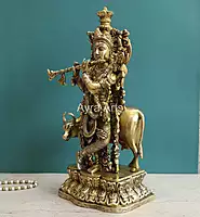 Handcrafted Lord Krishna With Cow Statue in Brass - 17 Inch Height