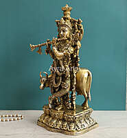 Handcrafted Lord Krishna With Cow Statue in Brass - 17 Inch Height