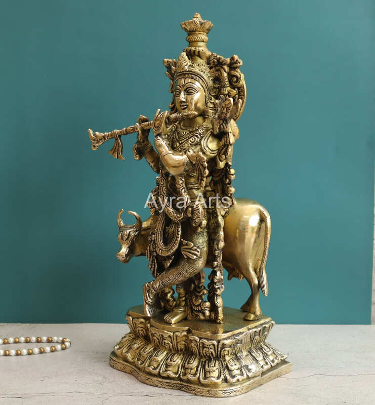 Handcrafted Lord Krishna With Cow Statue in Brass - 17 Inch Height