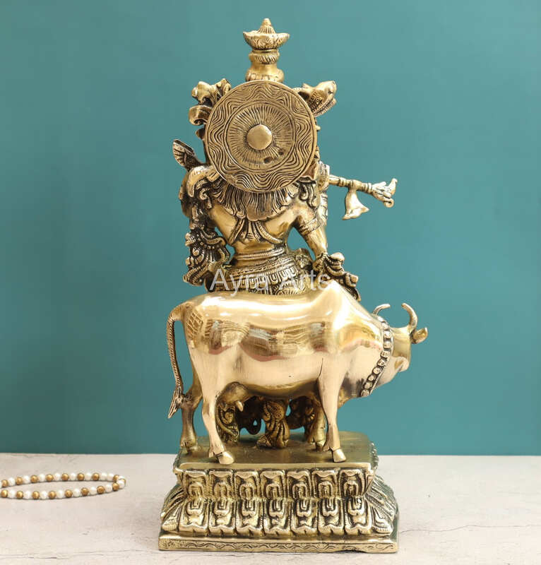 Handcrafted Lord Krishna With Cow Statue in Brass - 17 Inch Height