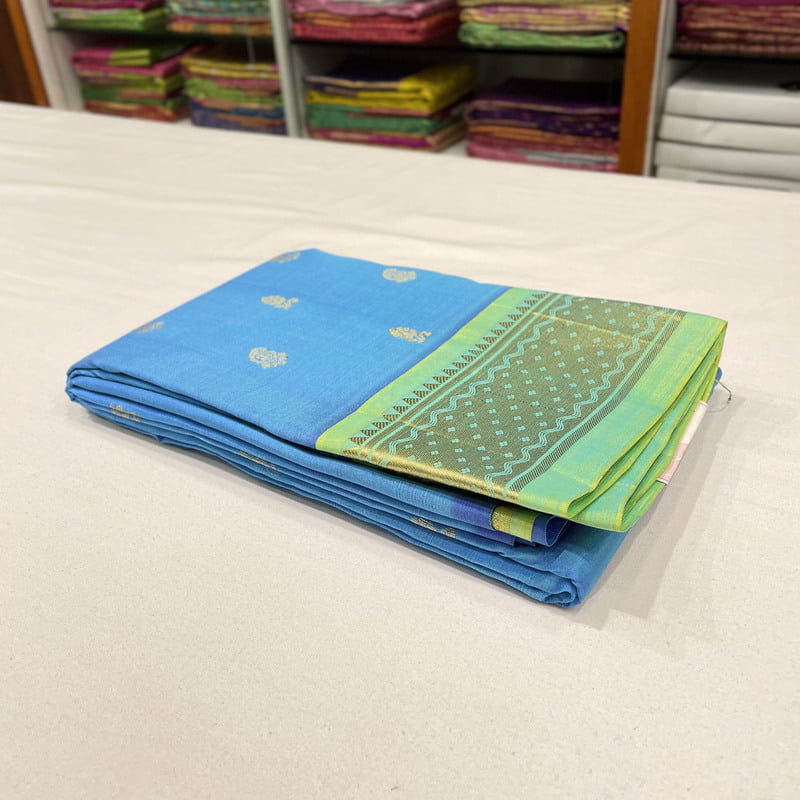 Sapphire Blue Kanchipuram with Green Apple