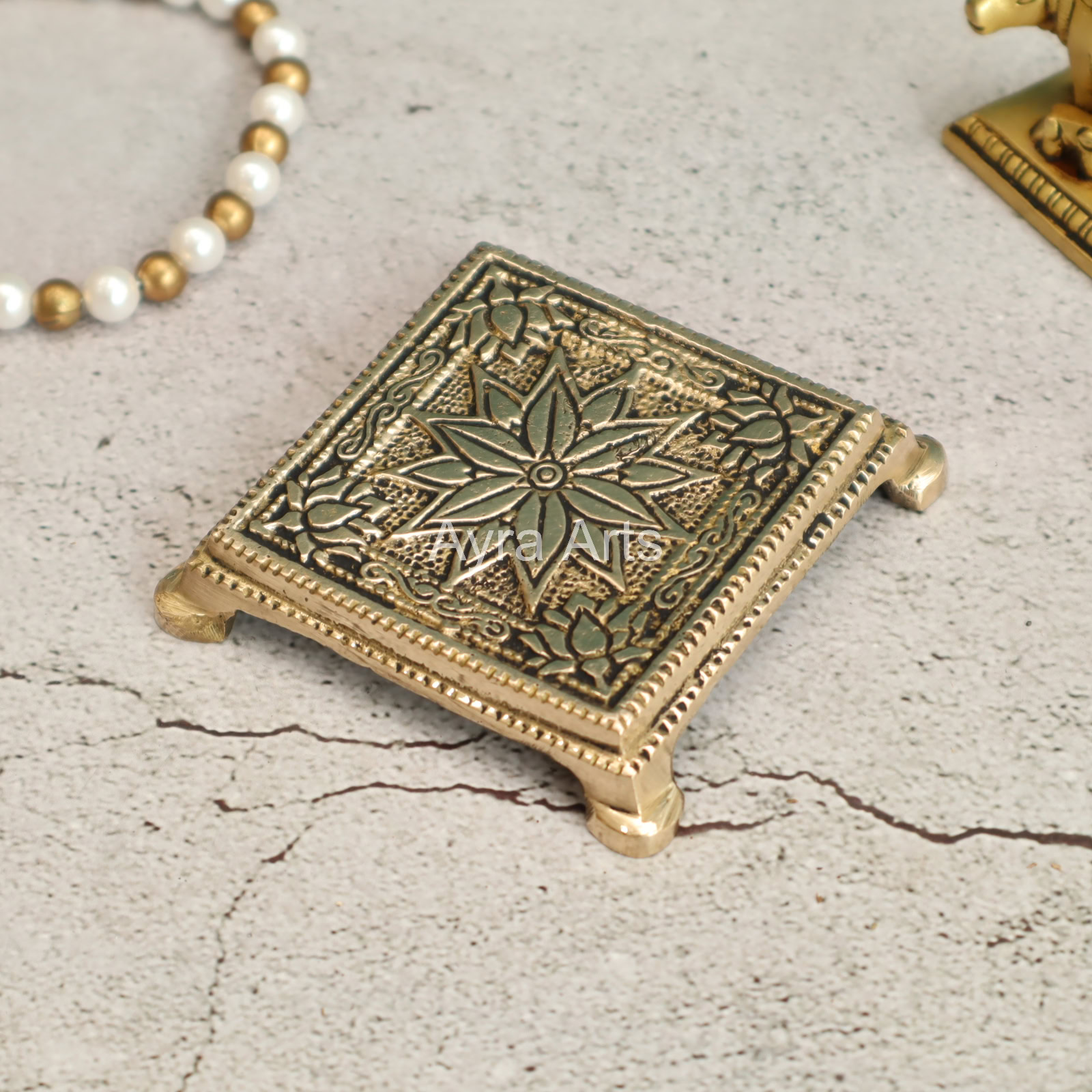 Brass Square Traditional Pooja Chowki Stool - 3 Inch Length