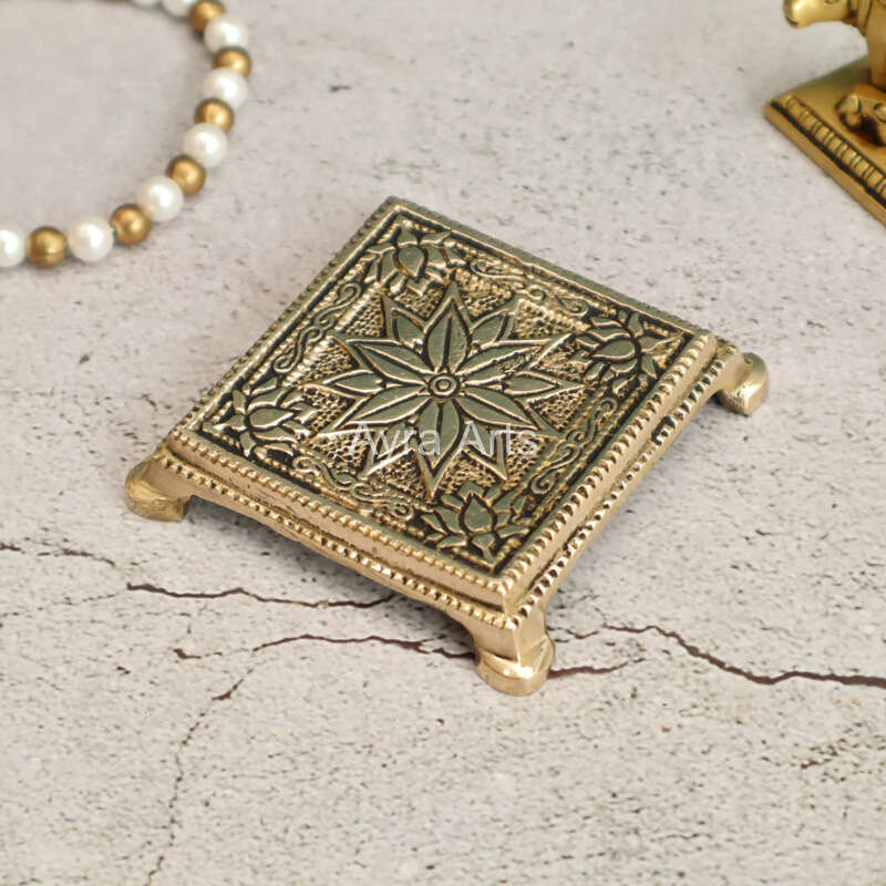 Brass Square Traditional Pooja Chowki Stool - 3 Inch Length