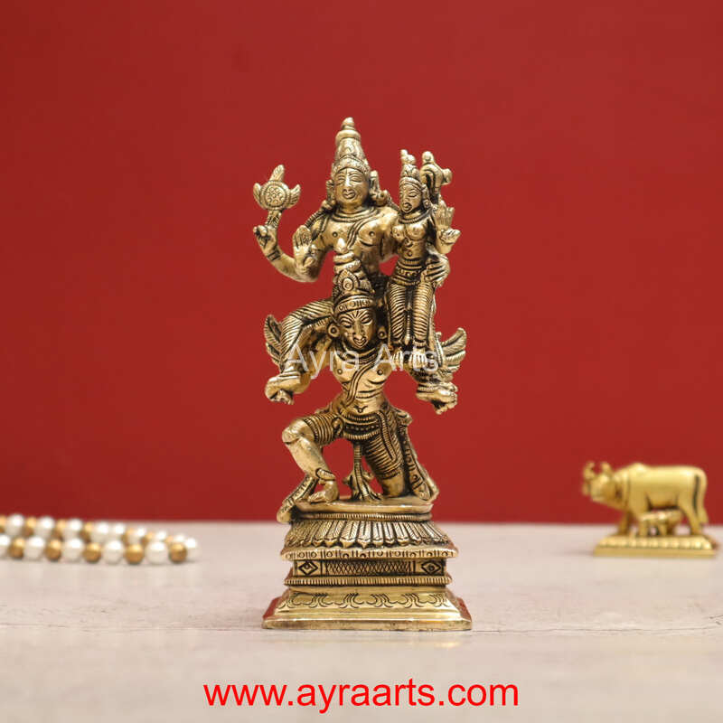 Lord Vishnu Lakshmi Seated on Garuda in Brass - 5.5 inch Height