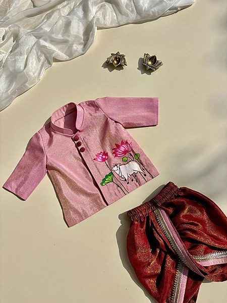 Pichwai Cow Handpainted Tissue Silk Dhoti Set