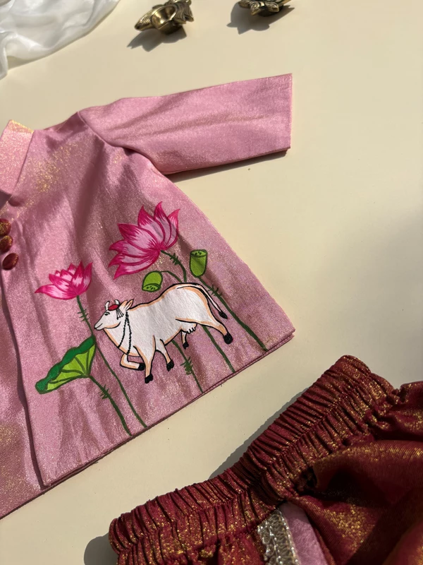 Pichwai Cow Handpainted Tissue Silk Dhoti Set