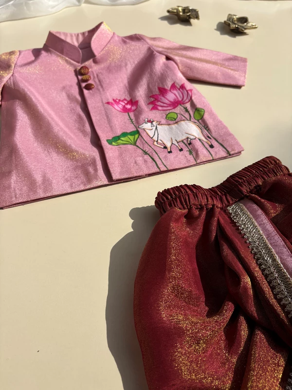 Pichwai Cow Handpainted Tissue Silk Dhoti Set