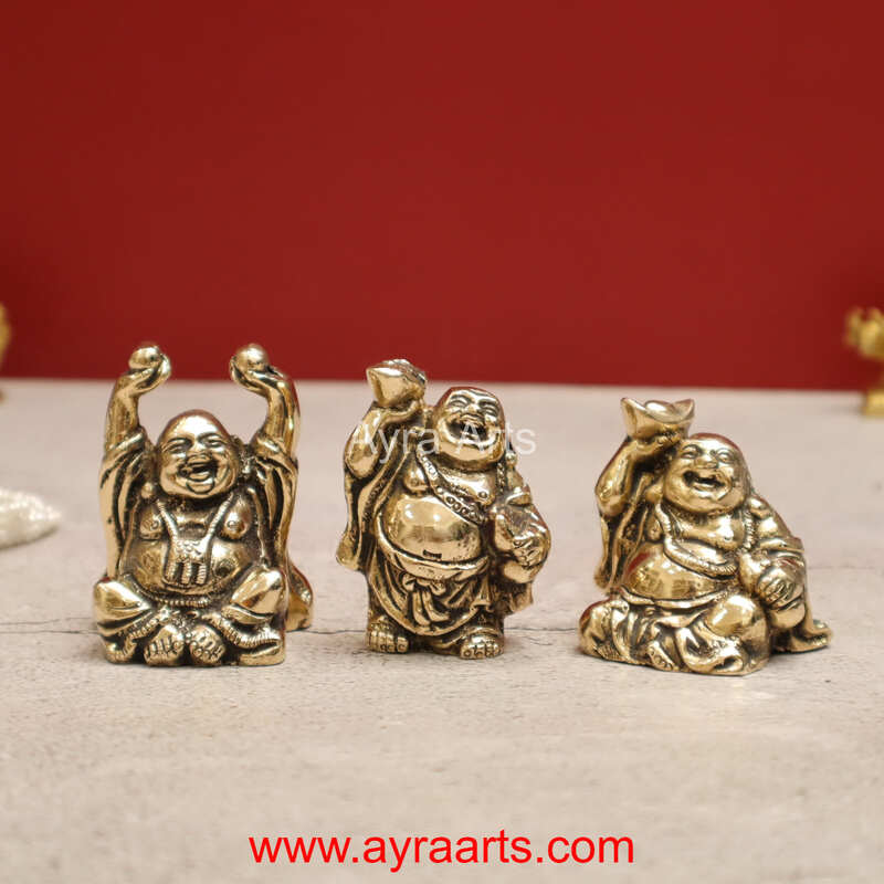 Pure Brass Pital Laughing Buddha Figurines Very Lucky Happy Buddha Statues Set of 3 - 2.5 inch Height