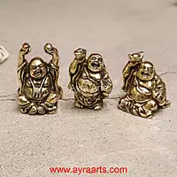 Pure Brass Pital Laughing Buddha Figurines Very Lucky Happy Buddha Statues Set of 3 - 2.5 inch Height