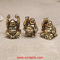 Pure Brass Pital Laughing Buddha Figurines Very Lucky Happy Buddha Statues Set of 3 - 2.5 inch Height