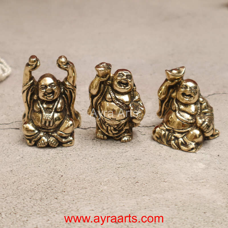 Pure Brass Pital Laughing Buddha Figurines Very Lucky Happy Buddha Statues Set of 3 - 2.5 inch Height