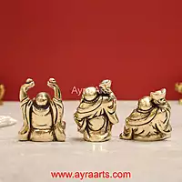 Pure Brass Pital Laughing Buddha Figurines Very Lucky Happy Buddha Statues Set of 3 - 2.5 inch Height