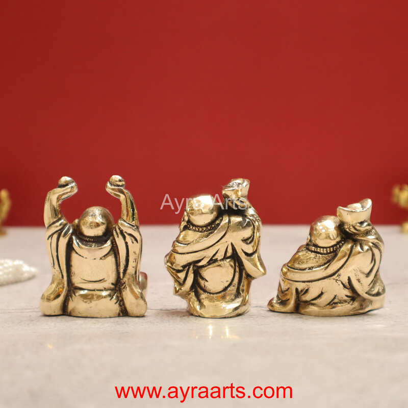 Pure Brass Pital Laughing Buddha Figurines Very Lucky Happy Buddha Statues Set of 3 - 2.5 inch Height