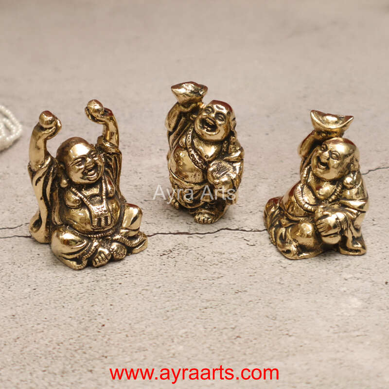 Pure Brass Pital Laughing Buddha Figurines Very Lucky Happy Buddha Statues Set of 3 - 2.5 inch Height
