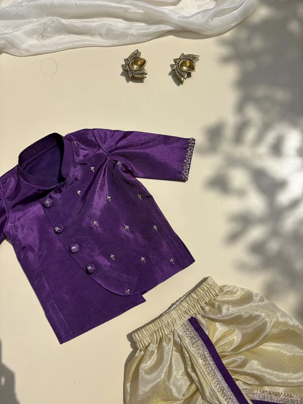 Royal Purple Hand embroidered Tissue Silk Dhoti Set