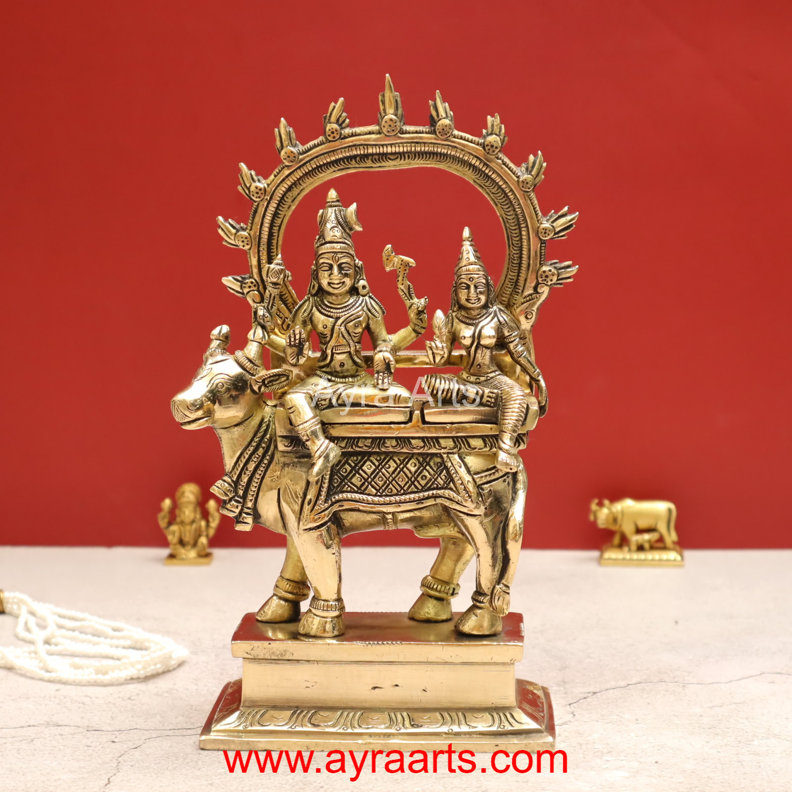 Handmade Shiva Parvati Seated on Nandi Pradosh Nayagar with Prabhavali Idol - 9 inch Height