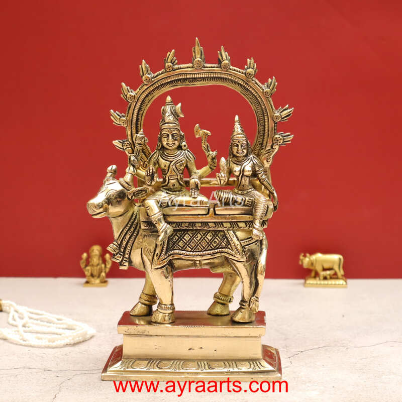 Handmade Shiva Parvati Seated on Nandi Pradosh Nayagar with Prabhavali Idol - 9 inch Height