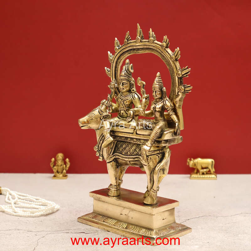 Handmade Shiva Parvati Seated on Nandi Pradosh Nayagar with Prabhavali Idol - 9 inch Height
