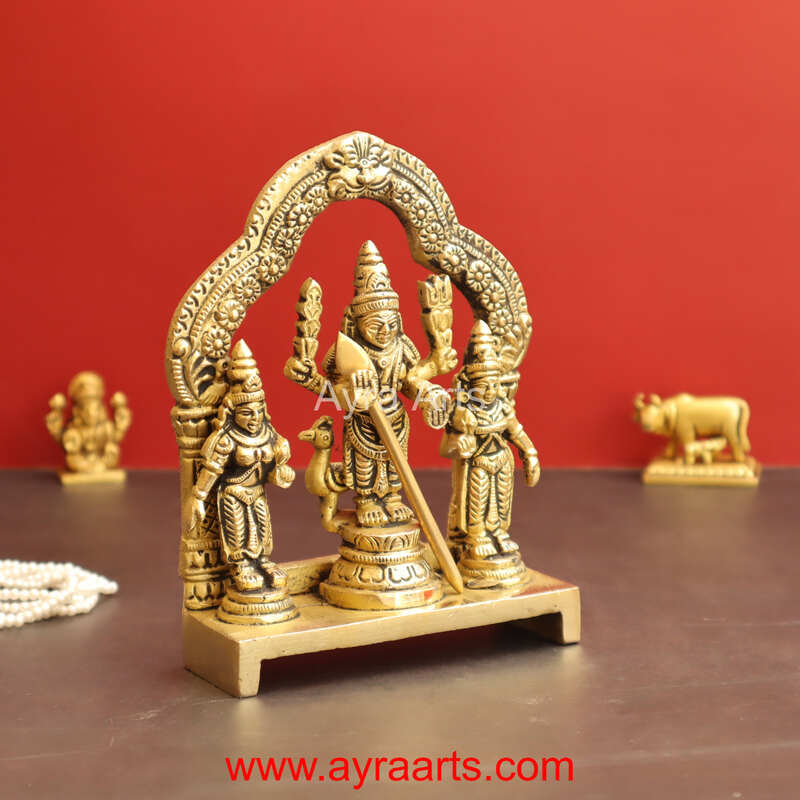 Valli Devasena Sameta Sri Subrahmanya Swamy Brass Idols with Arch - 6 inch Height