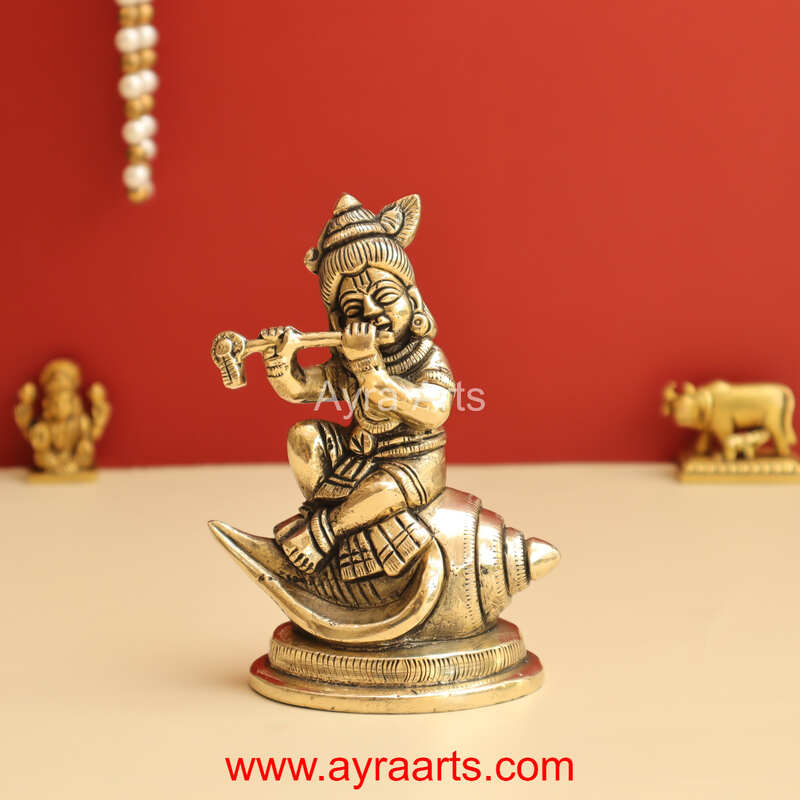 Shankh Krishna Brass Statue Bal Krishna Sitting on Shankh - 4.8 Inch Height