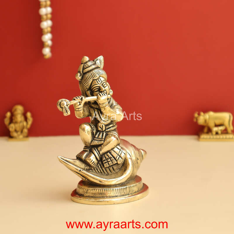 Shankh Krishna Brass Statue Bal Krishna Sitting on Shankh - 4.8 Inch Height