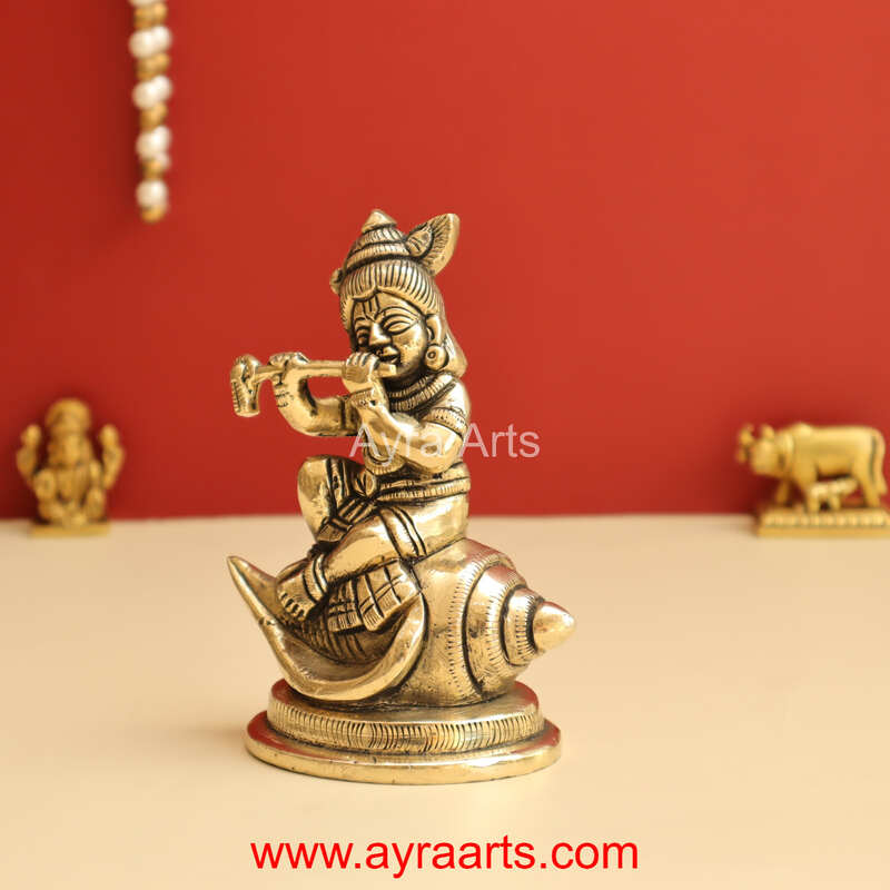 Shankh Krishna Brass Statue Bal Krishna Sitting on Shankh - 4.8 Inch Height