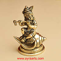 Shankh Krishna Brass Statue Bal Krishna Sitting on Shankh - 4.8 Inch Height